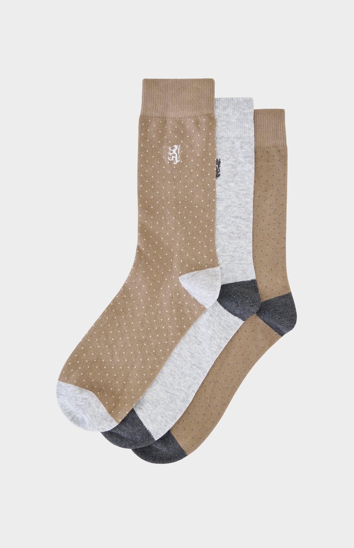 Camel coloured and grey socks with grey accents and Pringle lion logo embroidery