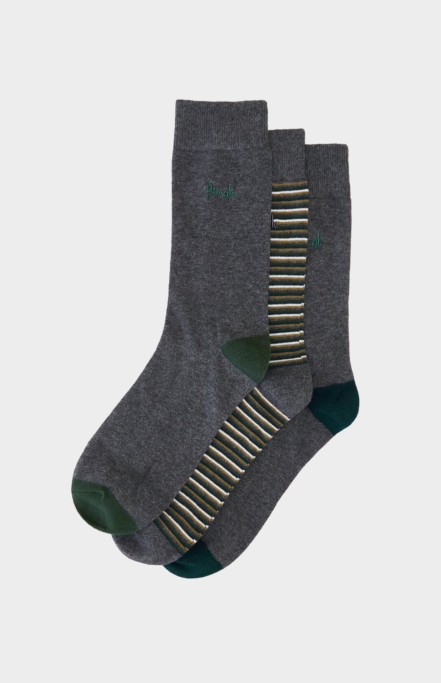 Grey socks with green and blue detailing and a Pringle logo embroidery