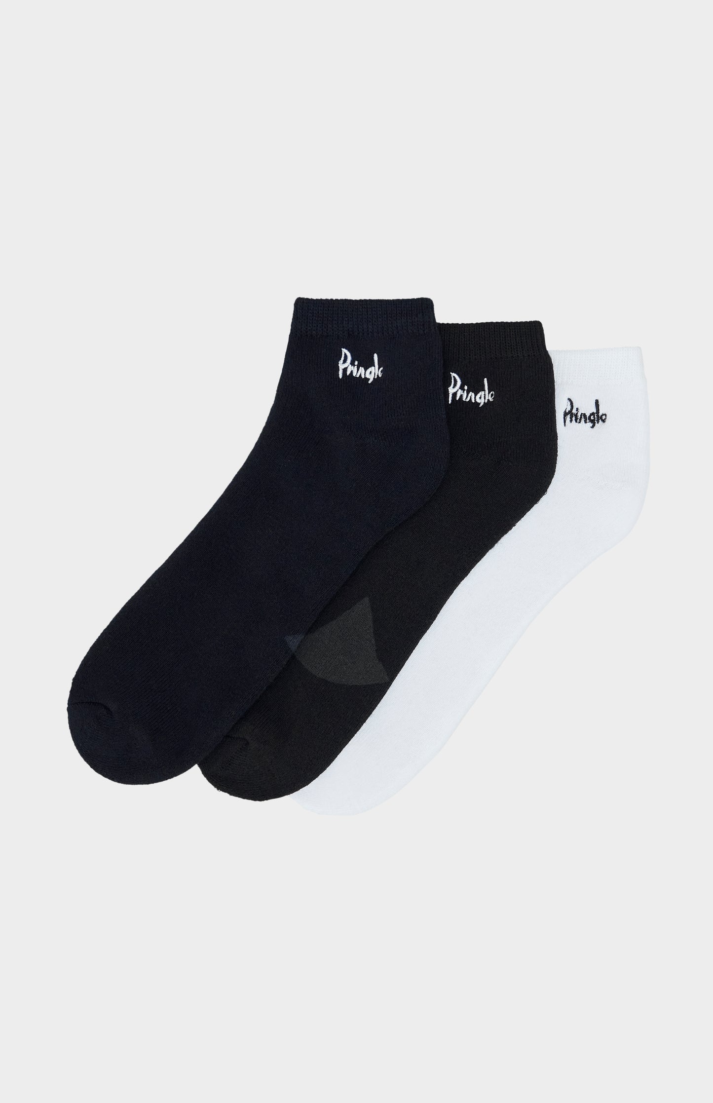Three pairs of black ankle socks with a brand logo on a white background