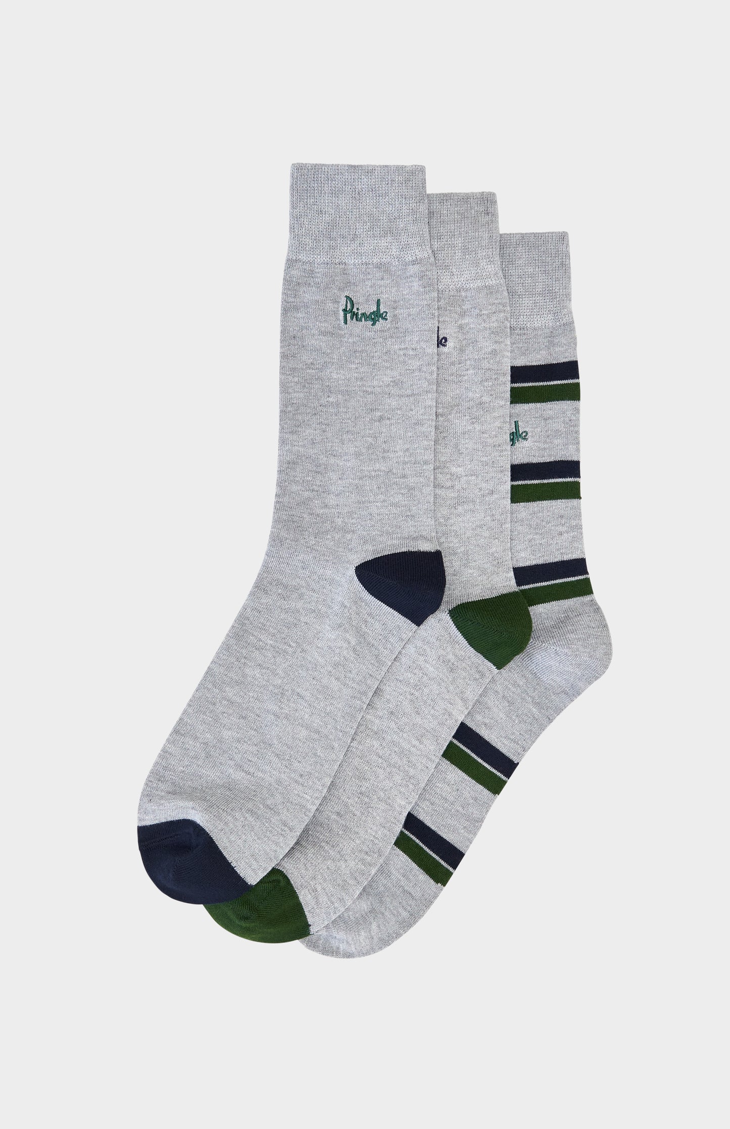 Two pairs of gray socks with green and navy accents on a light gray background