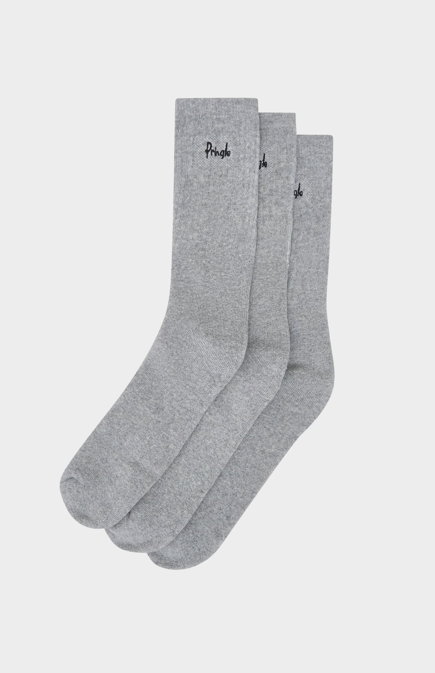3 pairs of grey socks with Pringle of Scotland branding, on a white background