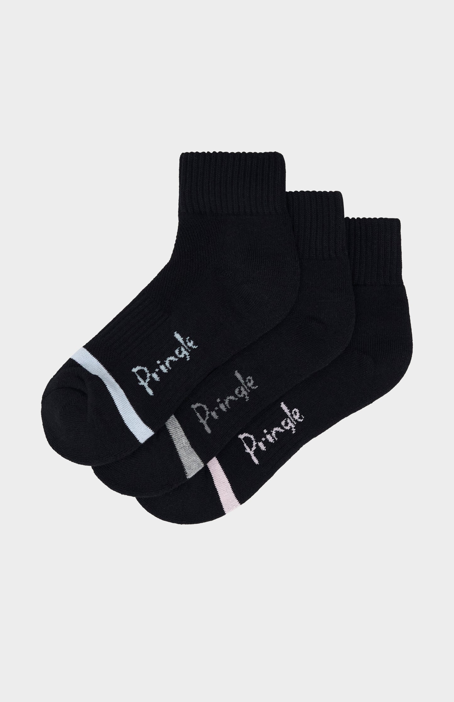 Three pairs of black socks with 'Pringle' branding on a light gray background