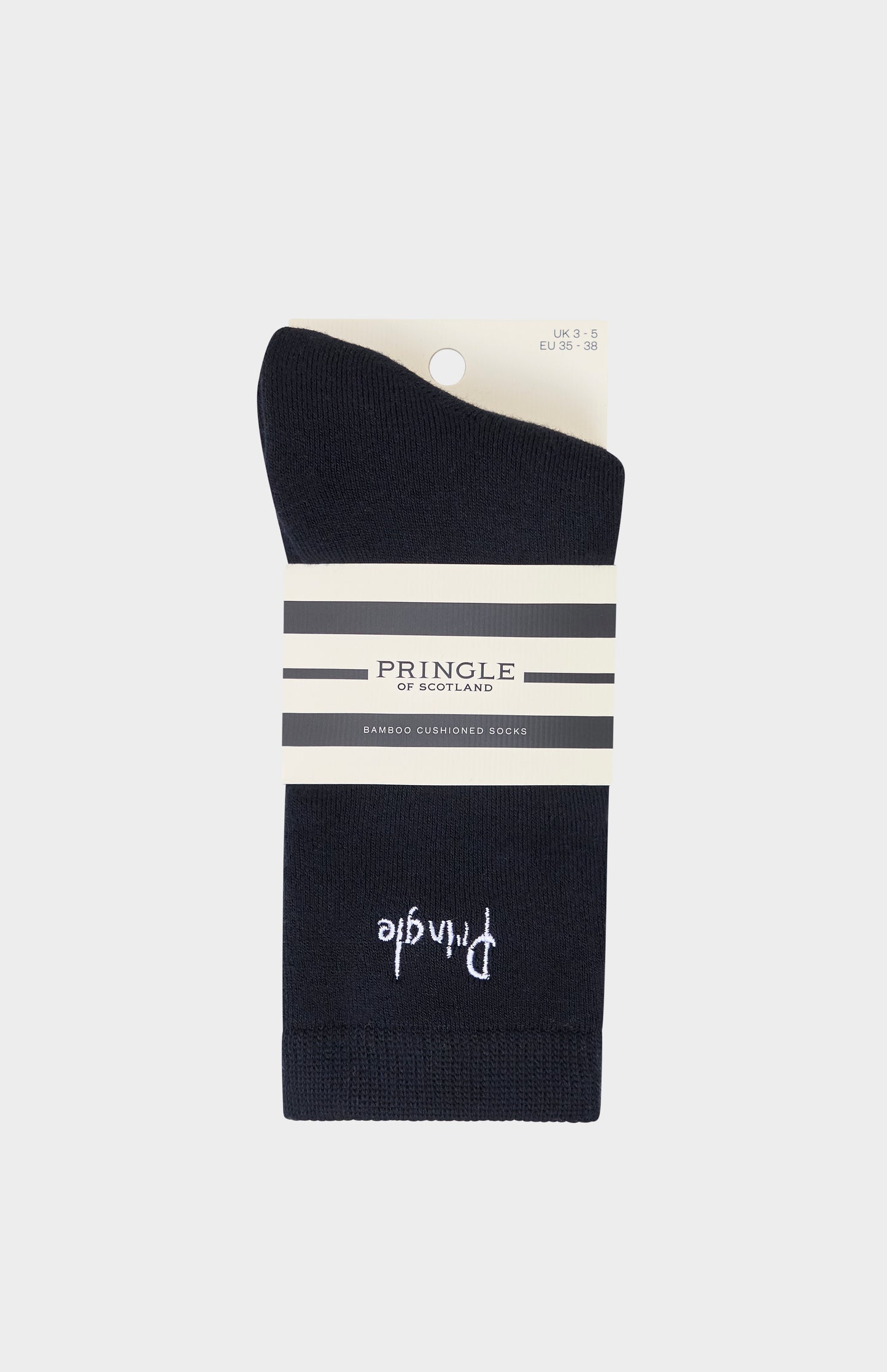 Black sock with Pringle branding on a white background