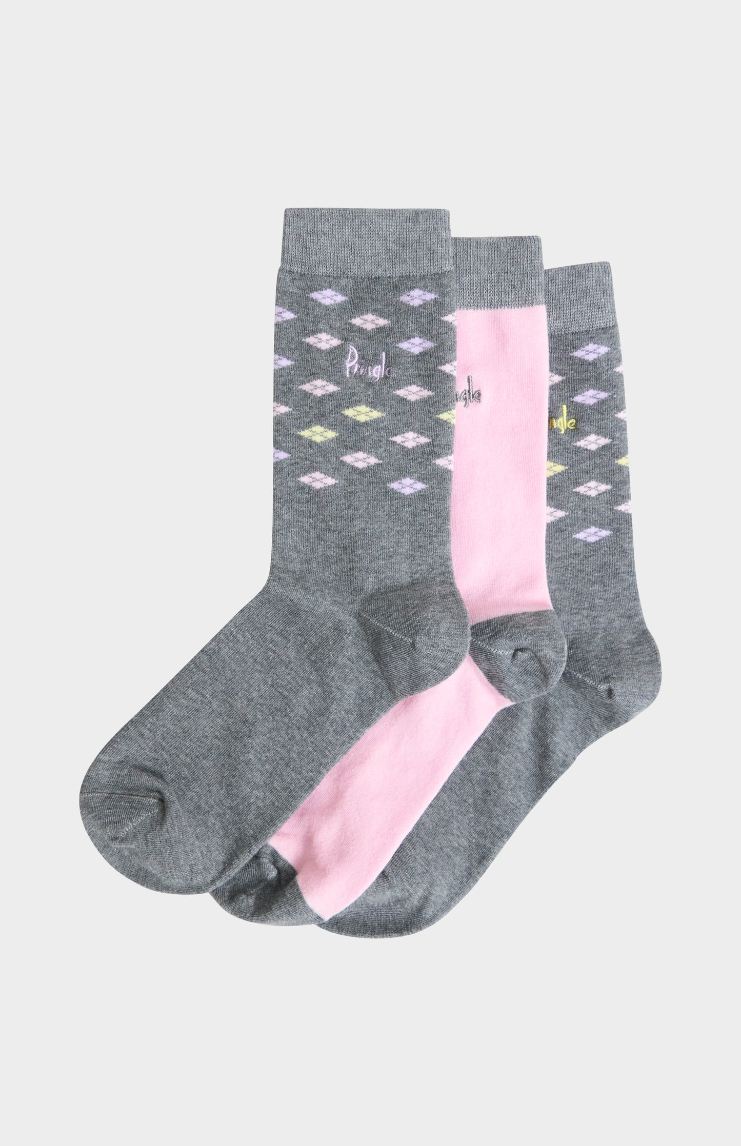 Pringle Women’s Grey & Pink Cotton Jacquard Socks with Diamond Pattern