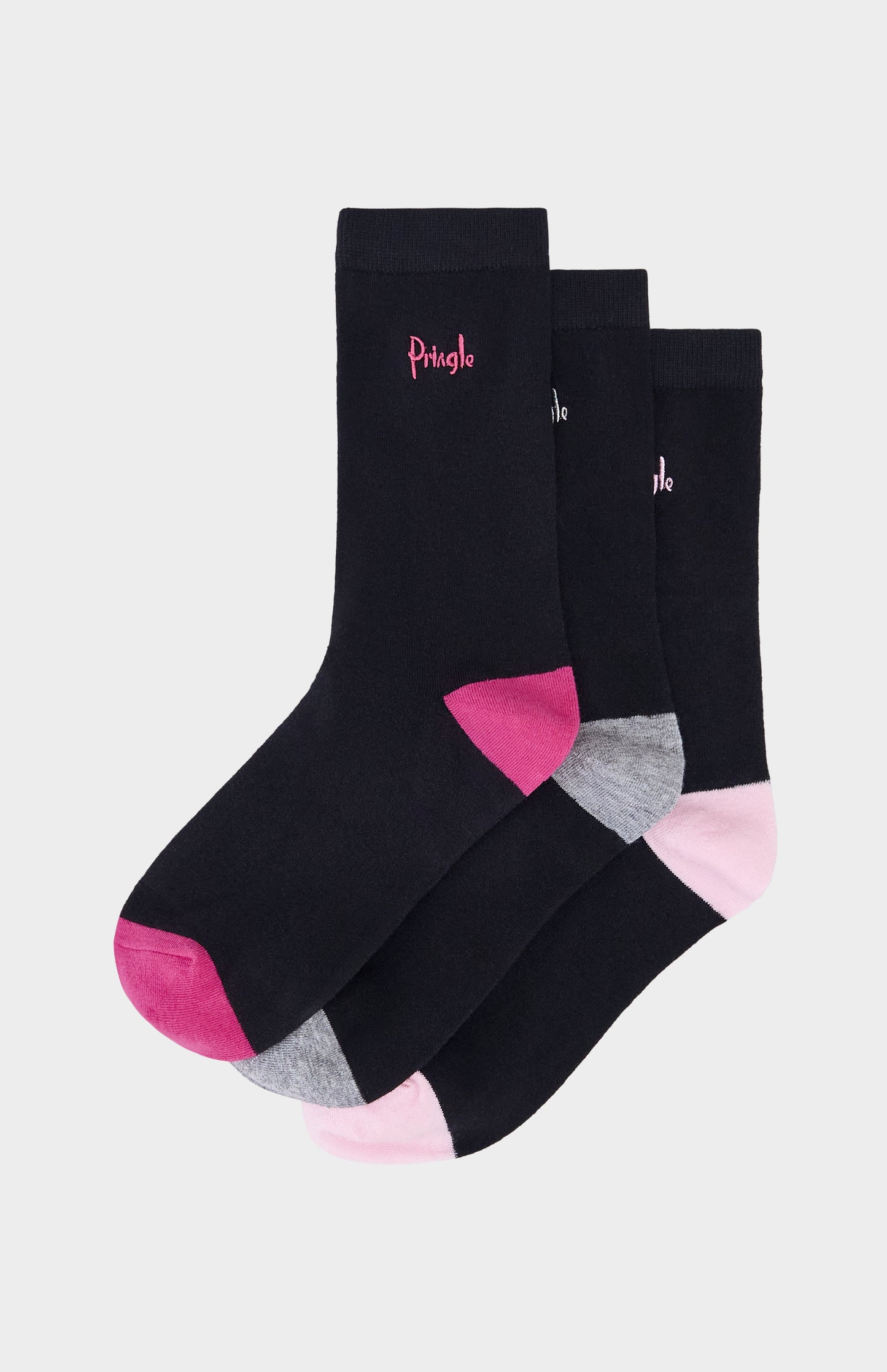 Set of black socks with pink and grey heel and toe accents, and Pringle branding on a white background