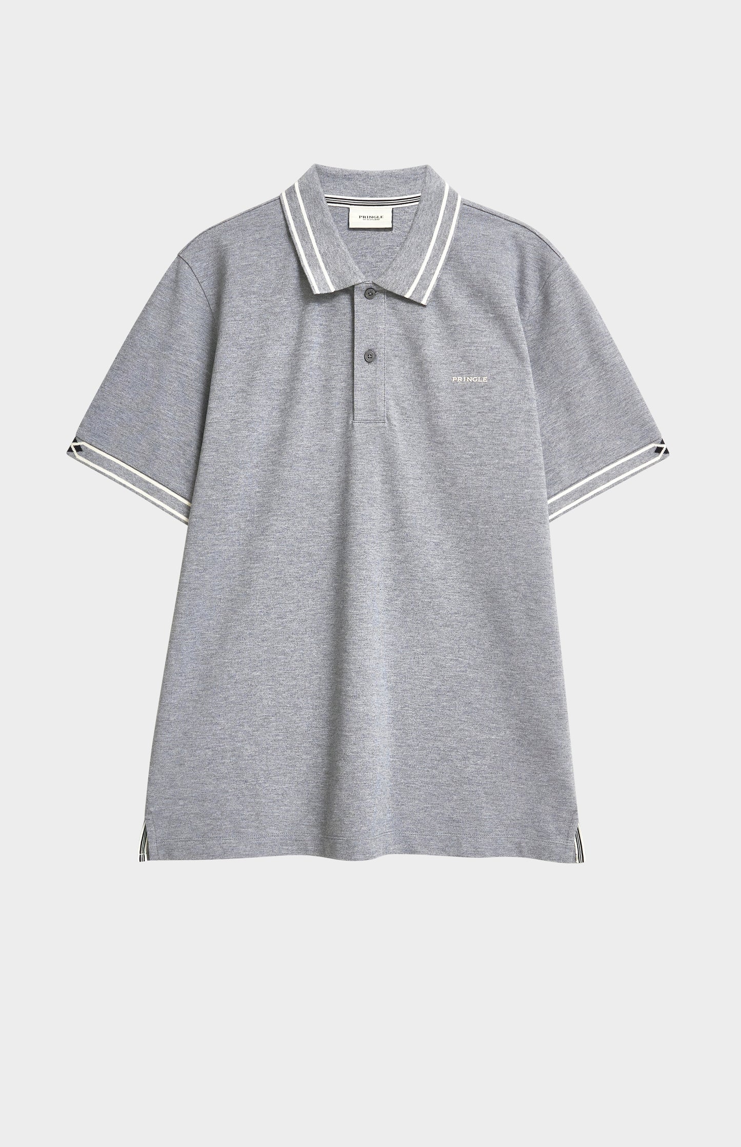 Gray polo shirt with white trim on a light gray background