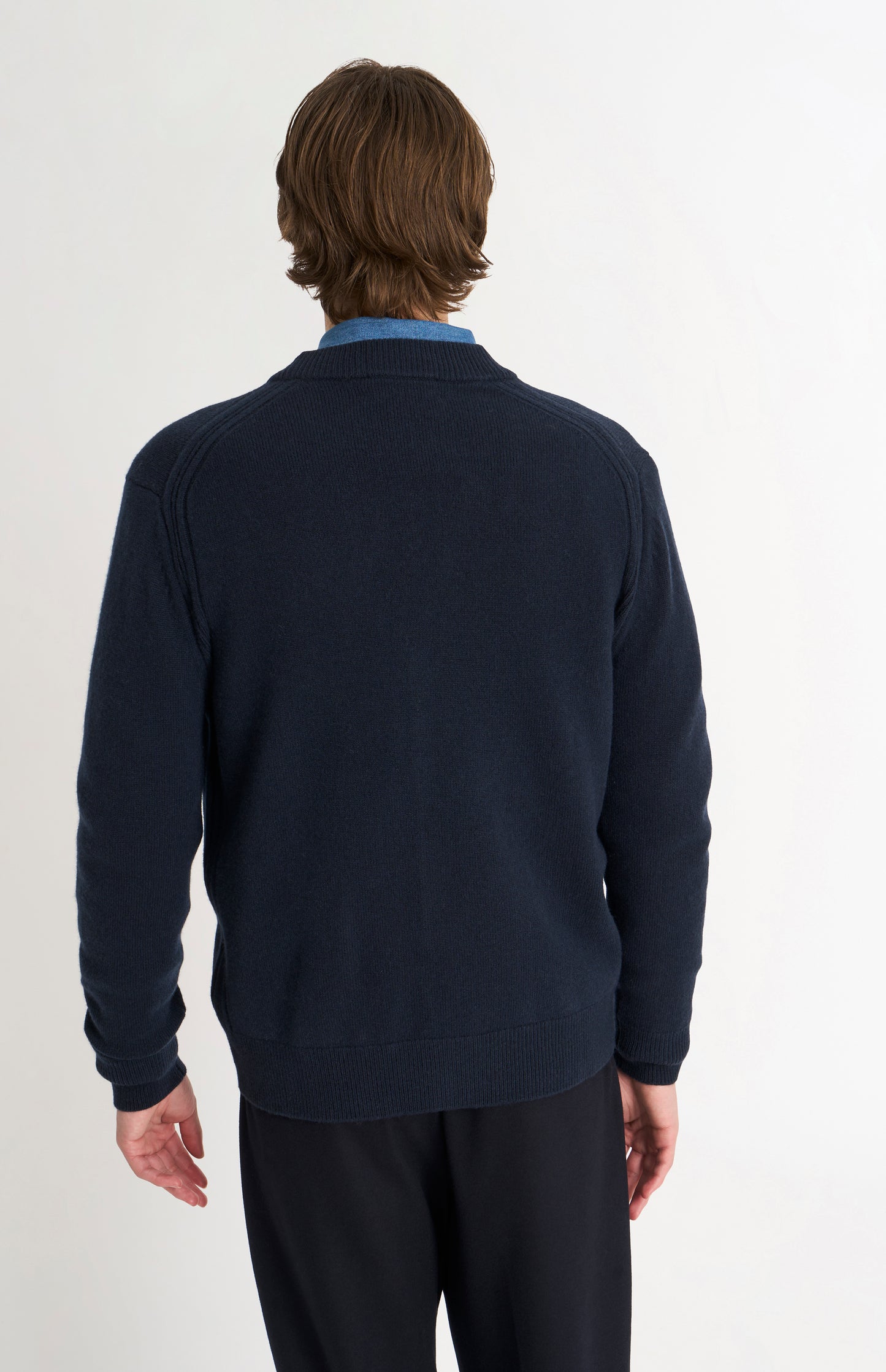 Pringle of Scotland Men’s Lambswool Cardigan In Navy Blue rear view