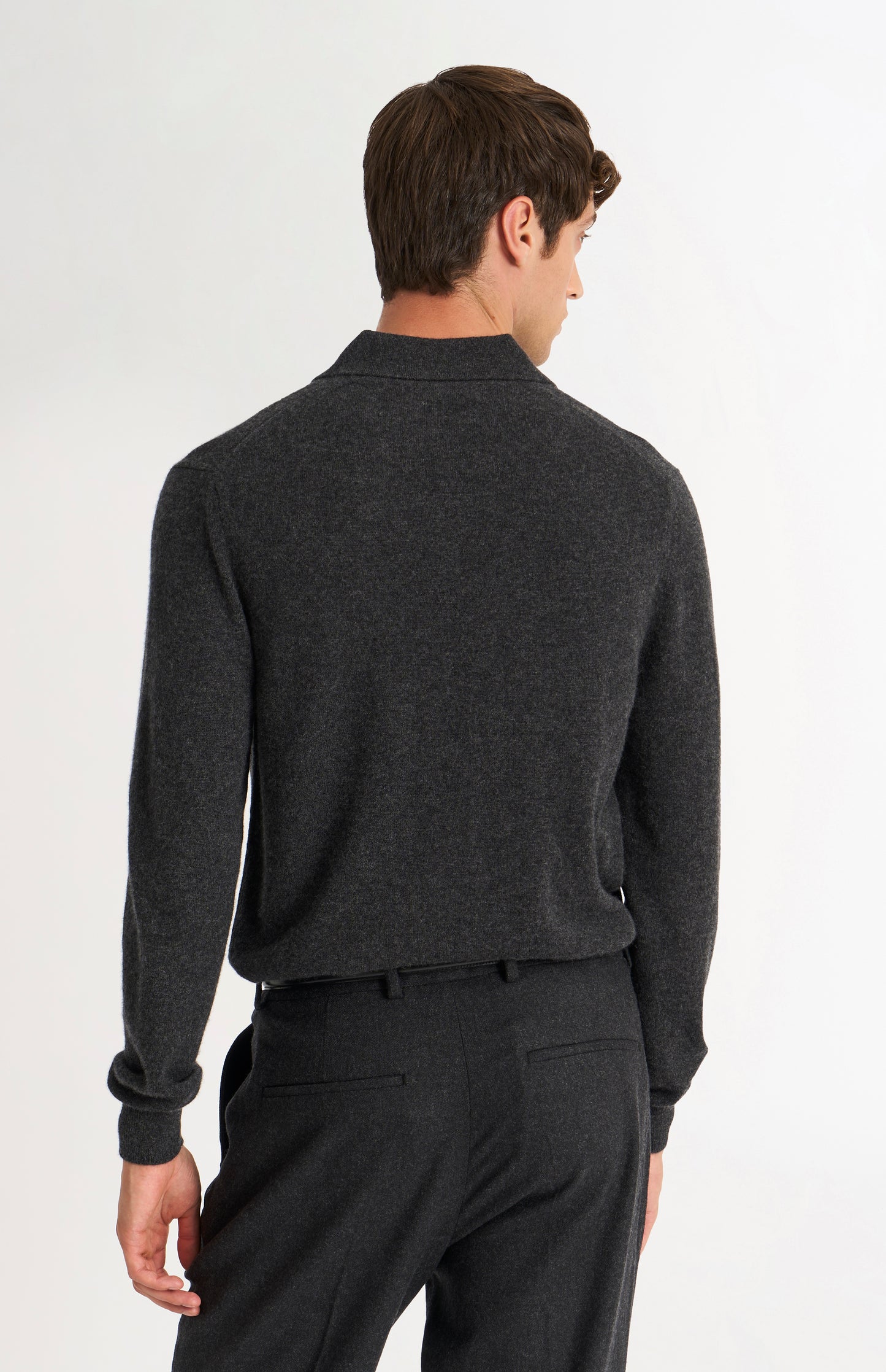 Pringle of Scotland Men’s Cashmere Polo Shirt Jumper In Charcoal rear view