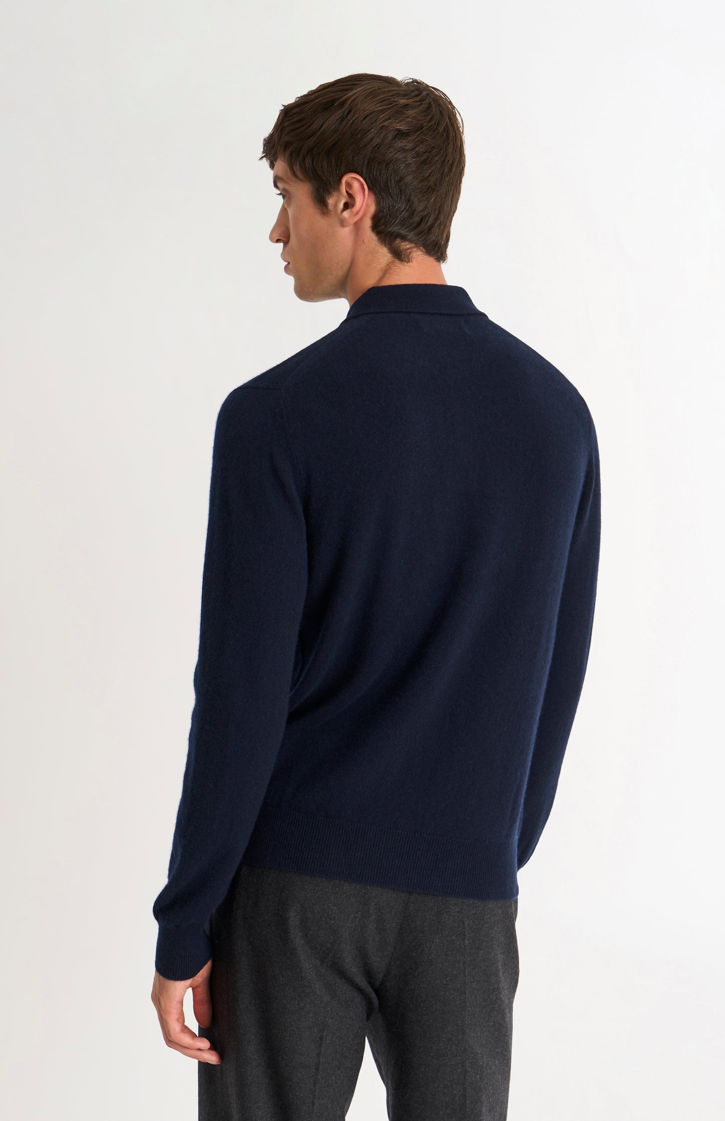 Pringle of Scotland Men’s Cashmere Polo Neck Jumper In Navy Blue rear view