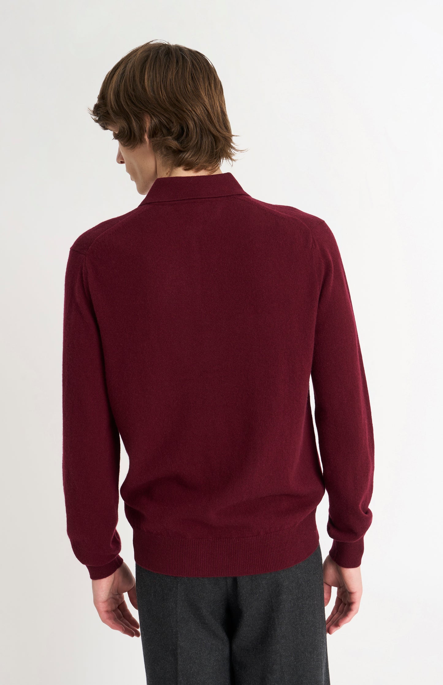 Pringle of Scotland Men’s Cashmere Polo Shirt Jumper In Burgundy rear view