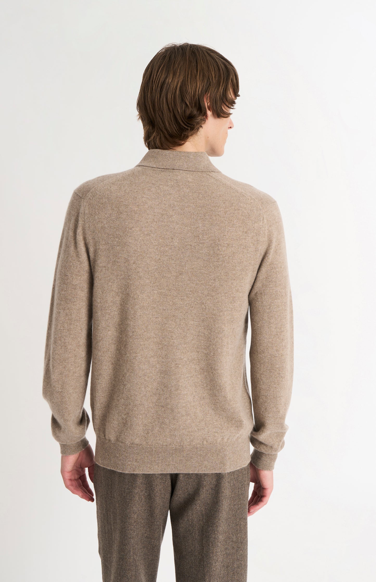 Pringle of Scotland Men’s Cashmere Polo Shirt Jumper In Camel rear view