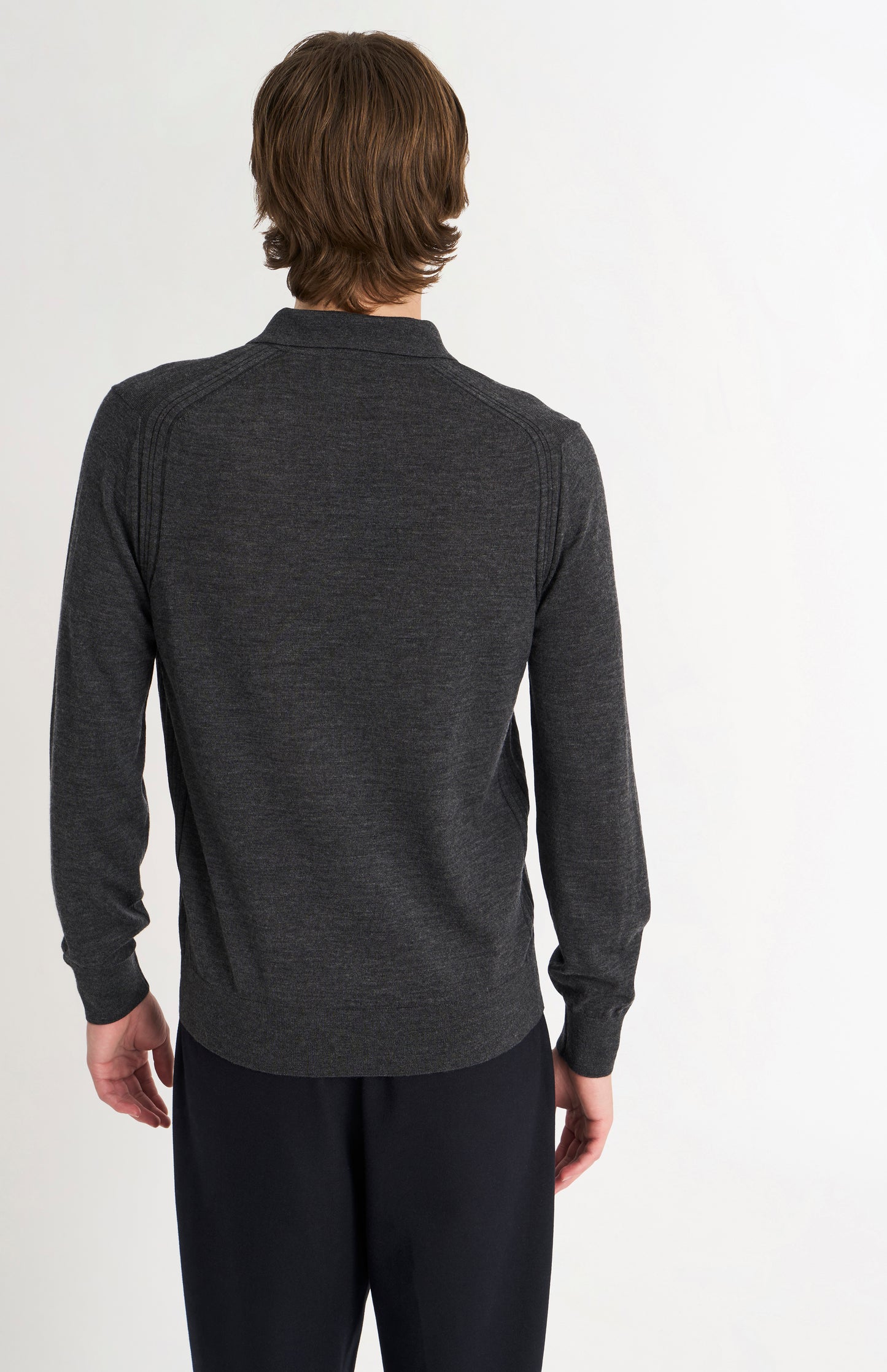 Pringle Men's Polo Shirt Fine Merino Wool Jumper in Charcoal Melange rear view