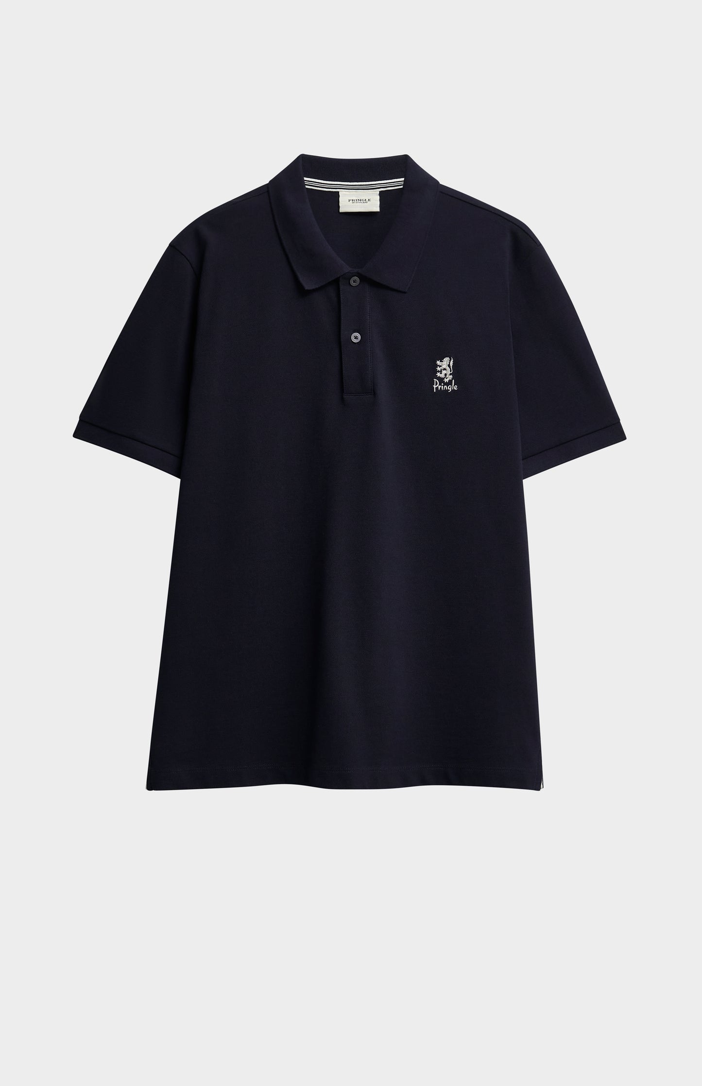 Navy blue polo shirt with a small logo on a light gray background