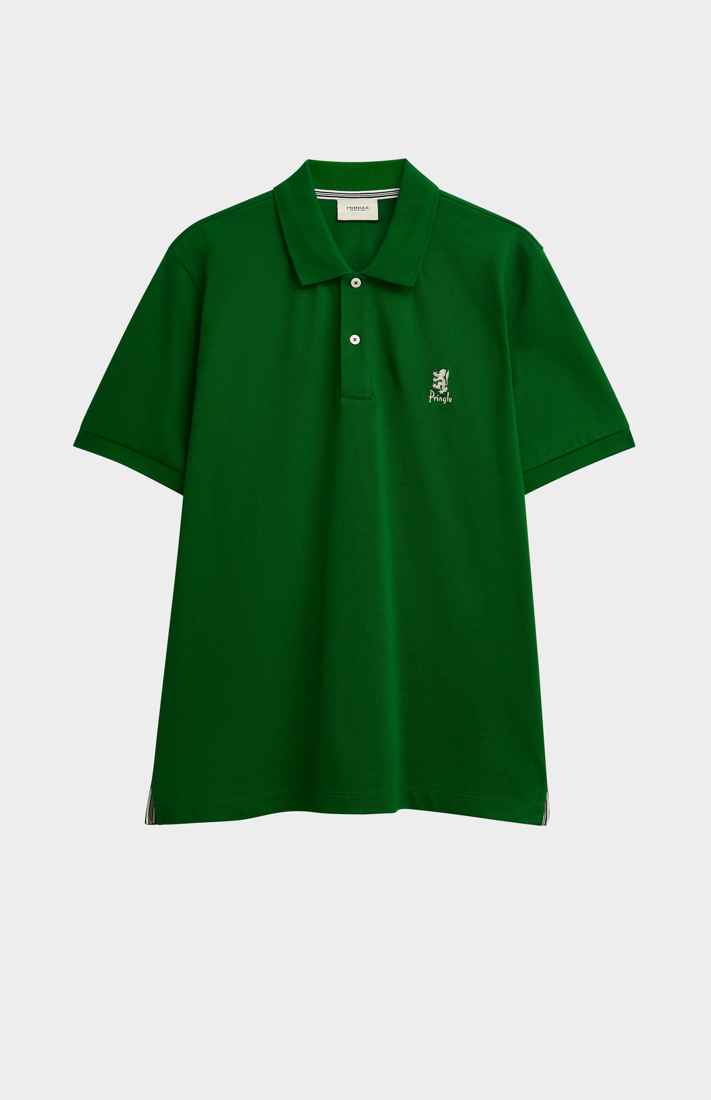 Green polo shirt with a small logo on a white background