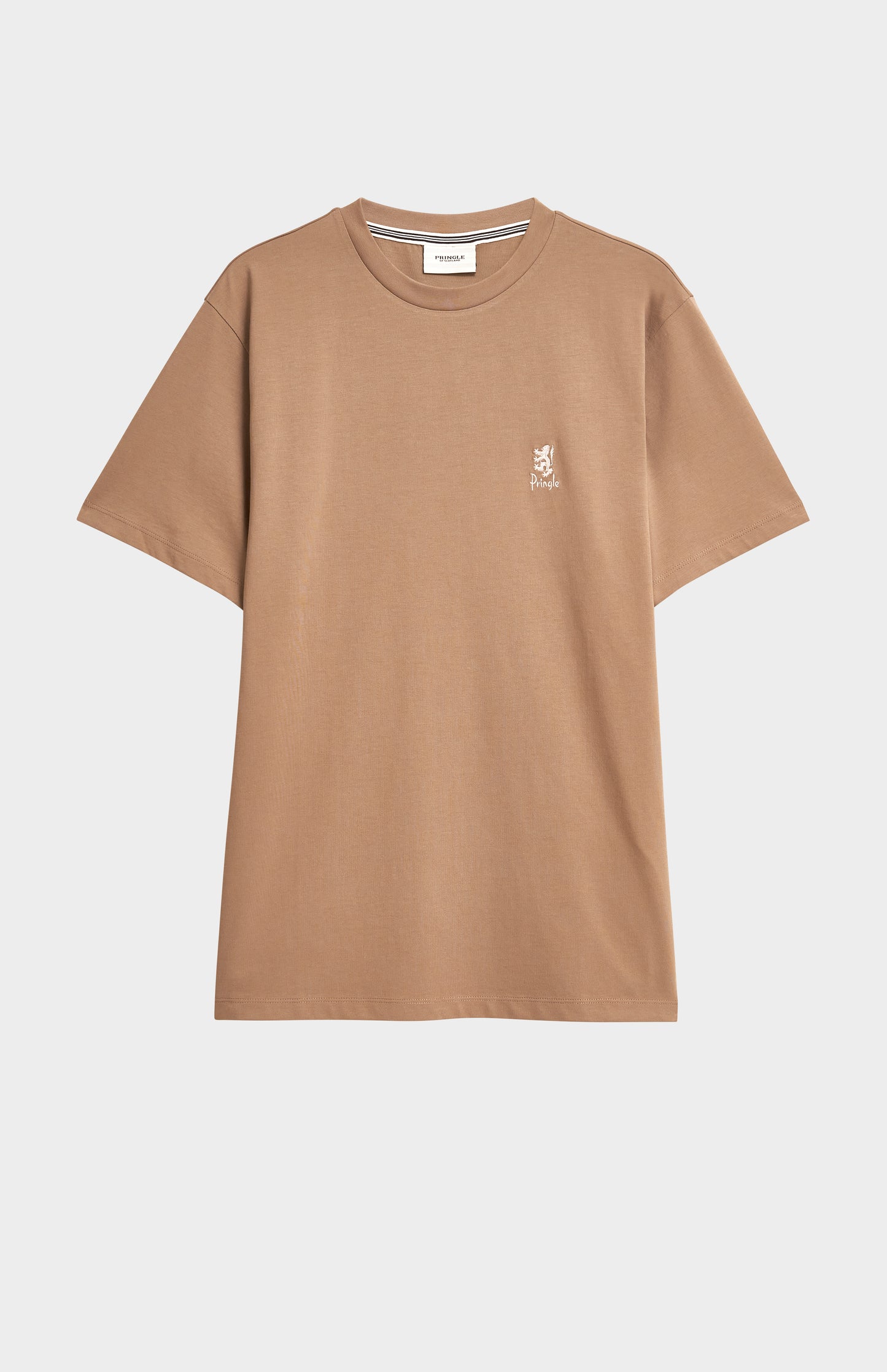 Brown t-shirt with a small logo on a light gray background