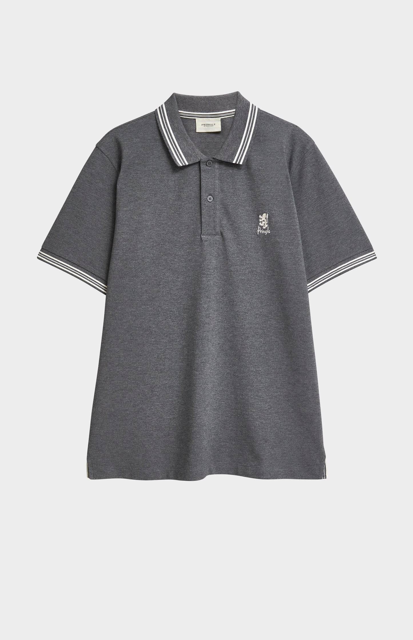 A charcoal grey polo with white tipping details and a Pringle logo on the upper side of the chest