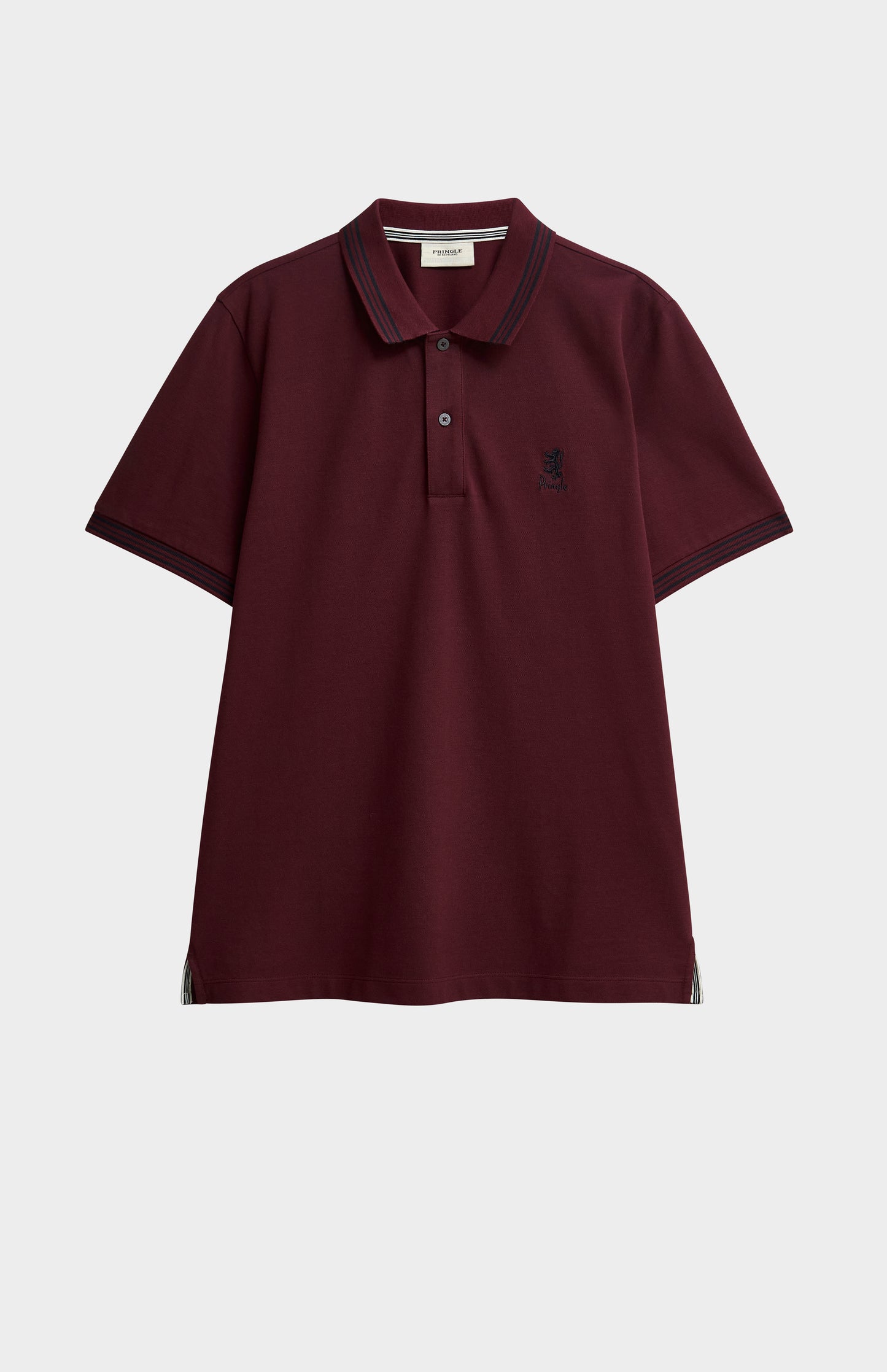 Burgundy polo with black tipping and a small Pringle logo on top side of chest