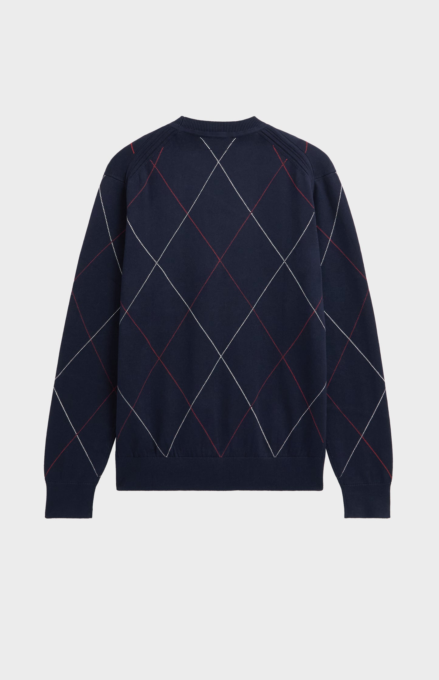 Men's Cotton And Silk Raker Stitch Crew Neck Jumper In Navy & Red