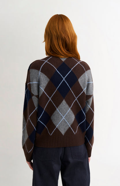 Women's Chunky All Over Argyle Cashmere Cardigan in Brown / Navy / Grey
