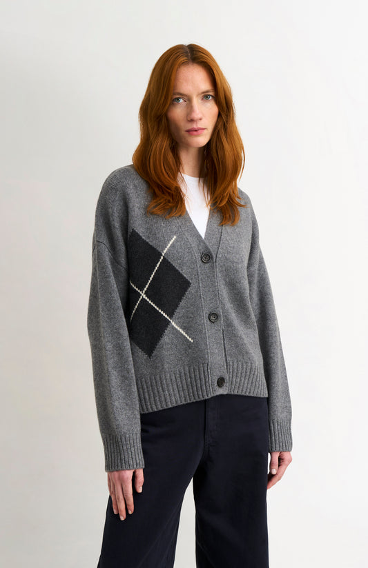 Women's Chunky Argyle Cashmere Cardigan in Grey and Charcoal