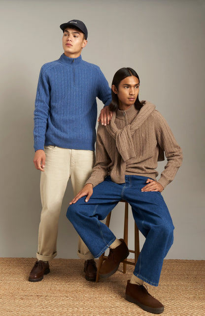Pringle of Scotland Men's Quarter Zip Lambswool Jumper in Dark Natural lifestyle shot