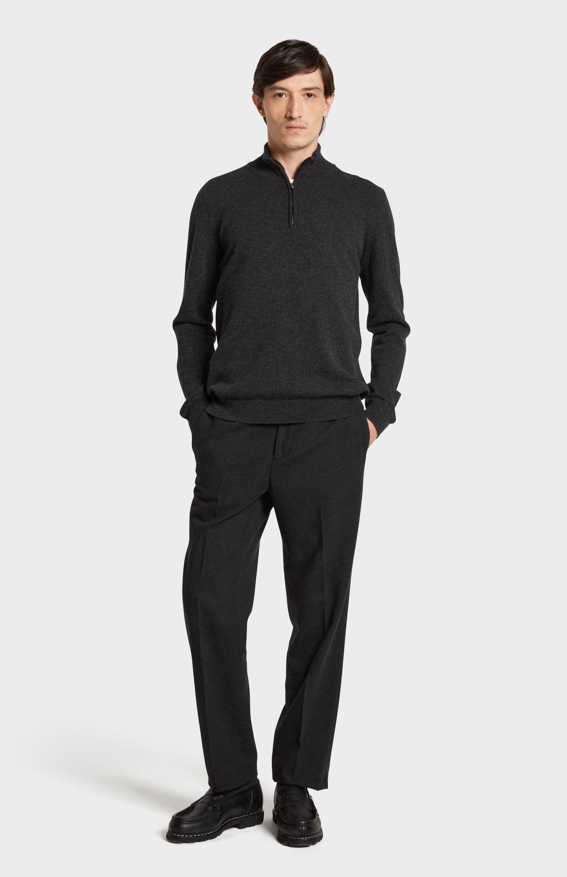 Full Look with Pringle of Scotland Qtr Zip Cashmere Jumper in Charcoal