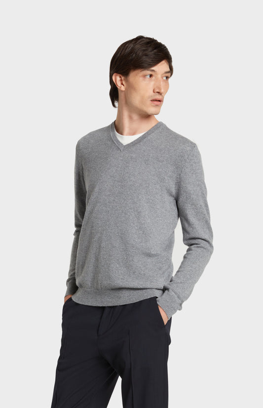 Pringle of Scotland Men's Cashmere V Neck in Grey Melange- Made in Scotland