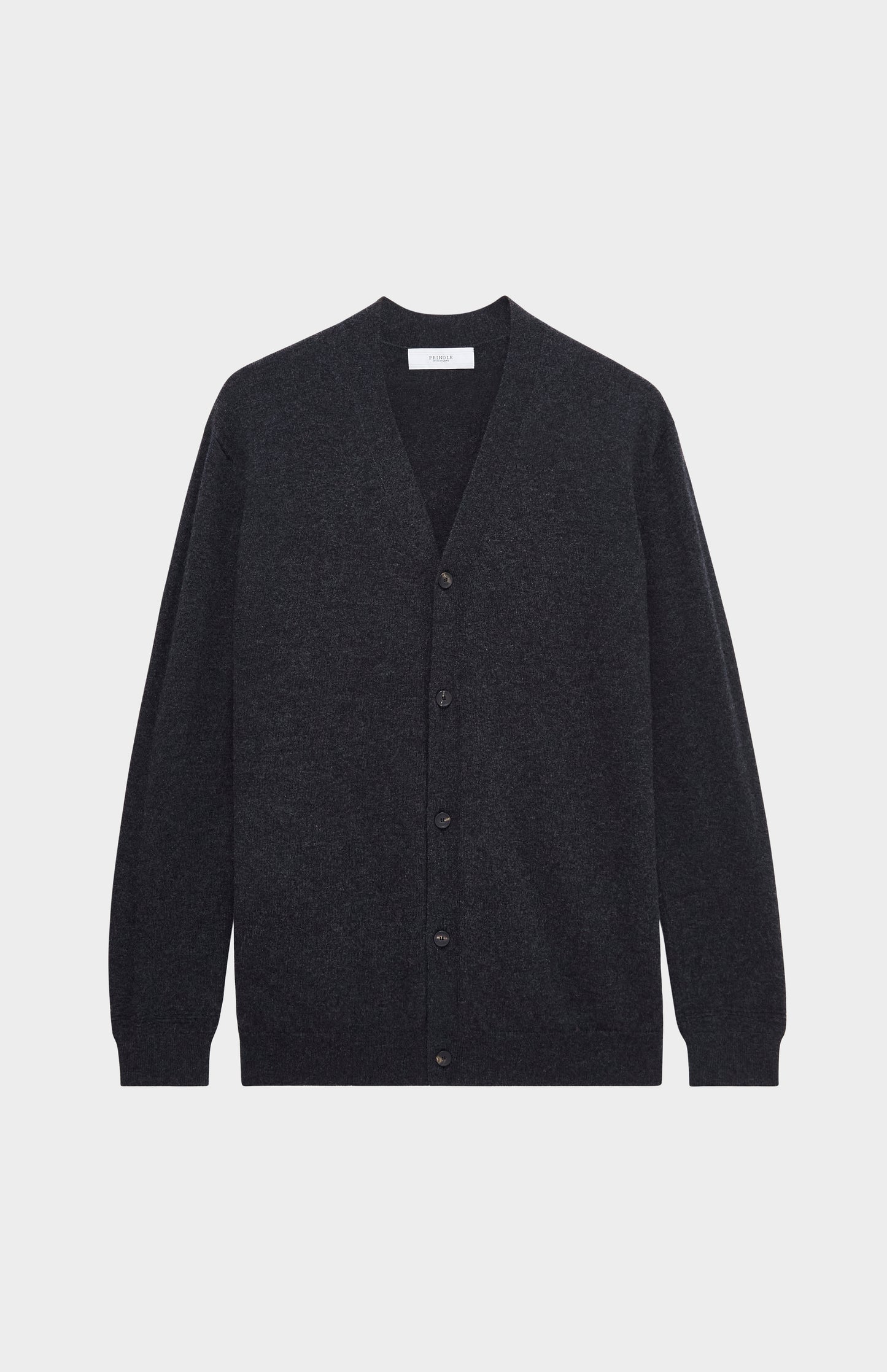 Pringle of Scotland Men's Classic Cashmere Cardigan in Charcoal. Product shot,