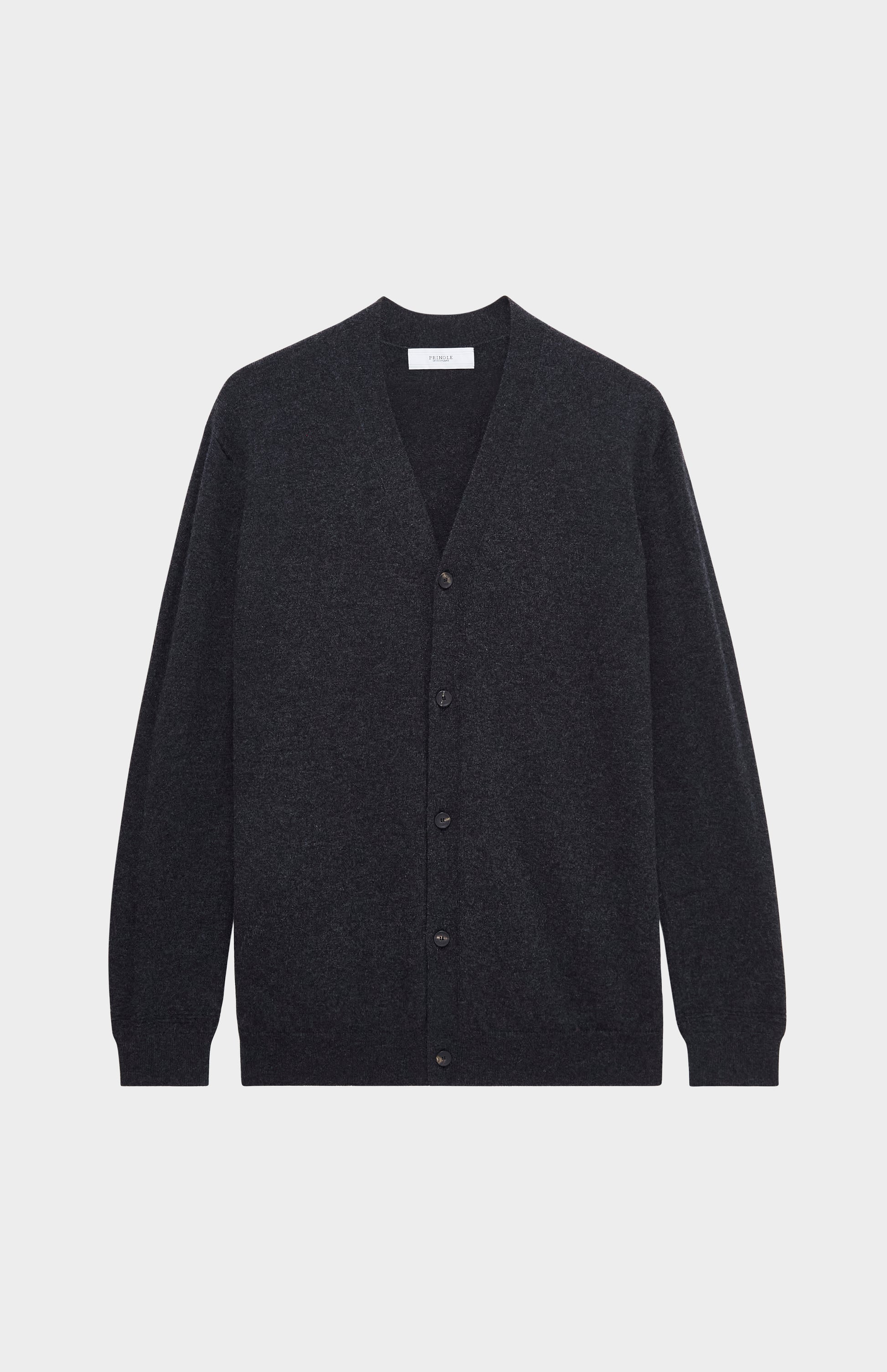 Pringle of Scotland Men's Classic Cashmere Cardigan in Charcoal. Product shot,