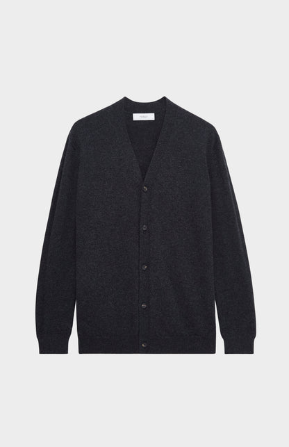 Pringle of Scotland Men's Classic Cashmere Cardigan in Charcoal. Product shot,