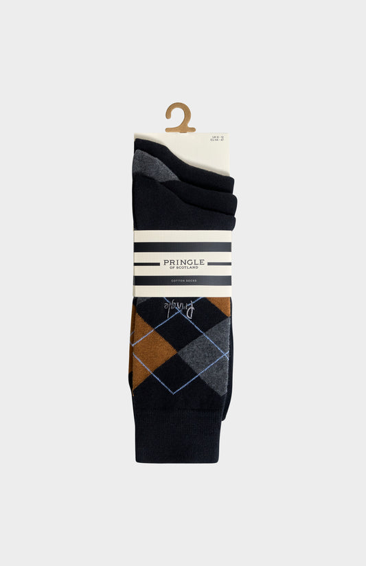 Pringle Men’s Argyle Cotton Jacquard Socks in Black, Charcoal & Camel 3 pack