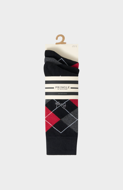Pringle Men’s Argyle Cotton Jacquard Socks in Black, Charcoal & Red in 3 pack