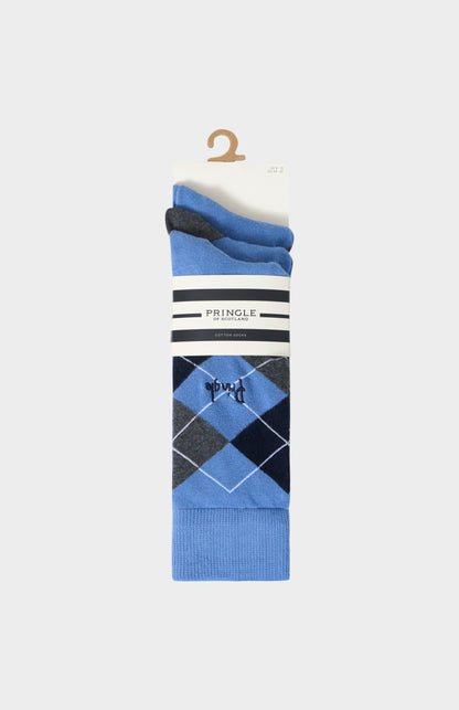 Pringle Men’s Argyle Cotton Jacquard Socks in Blue, Navy & Charcoal in 3 pack