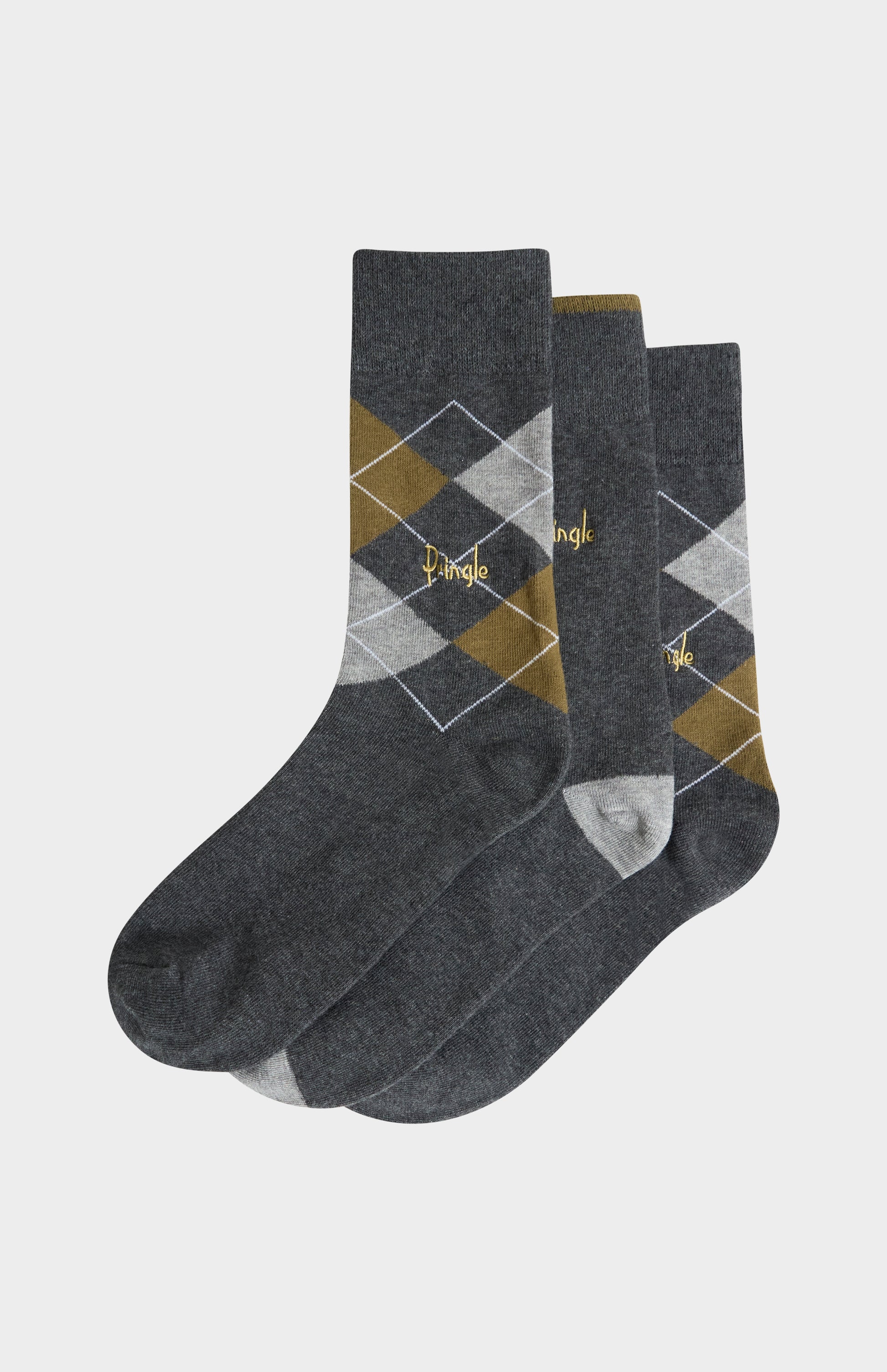 Pringle Men’s Argyle Cotton Jacquard Socks in Charcoal, Khaki & Grey