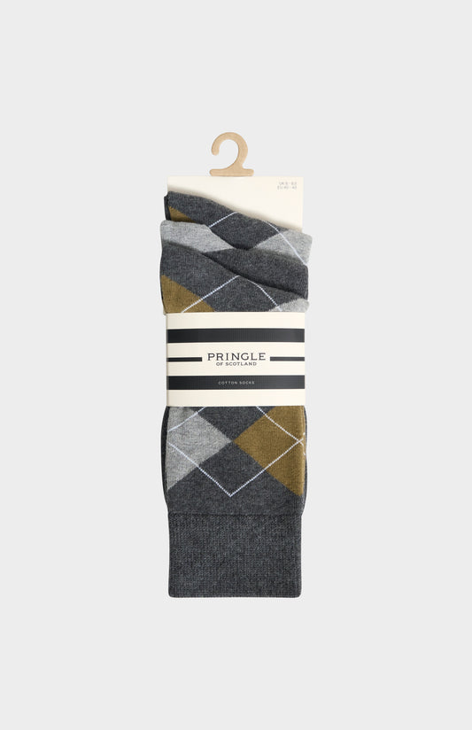 Pringle Men’s Argyle Cotton Jacquard Socks in Charcoal, Khaki & Grey in 3 pack