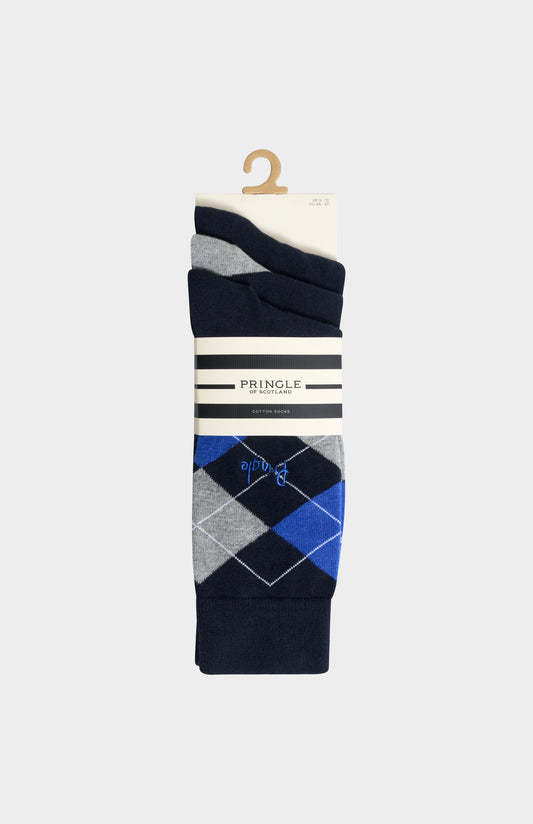 Pringle Men’s Argyle Cotton Jacquard Socks in Navy, Blue & Grey in a 3 pack