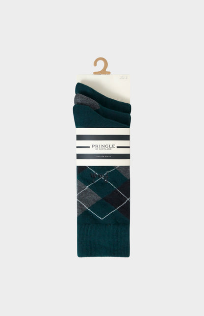 Men’s Argyle Cotton Jacquard Pringle Socks in Green, Black & Charcoal in a 3 pack