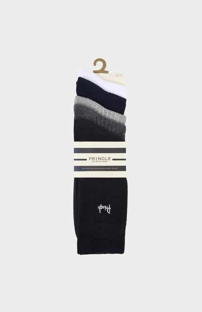 Set of different neutral coloured socks with Pringle branding on a white background