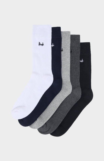 Set of different neutral coloured socks with Pringle branding on a white background