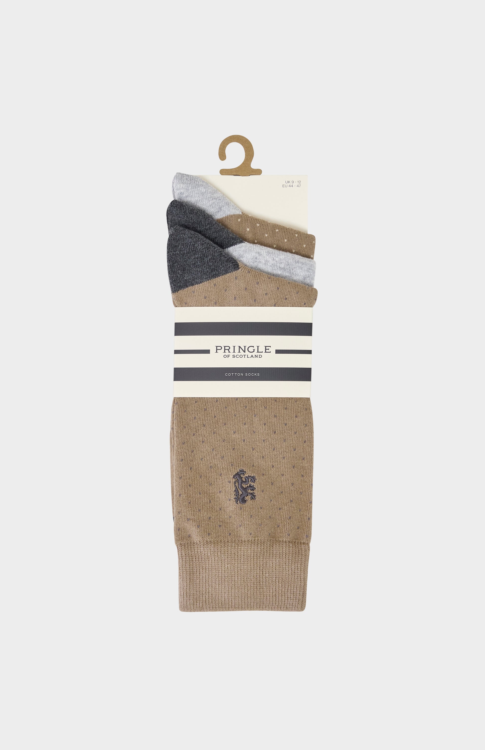 Camel coloured socks with grey accents and Pringle lion logo embroidery