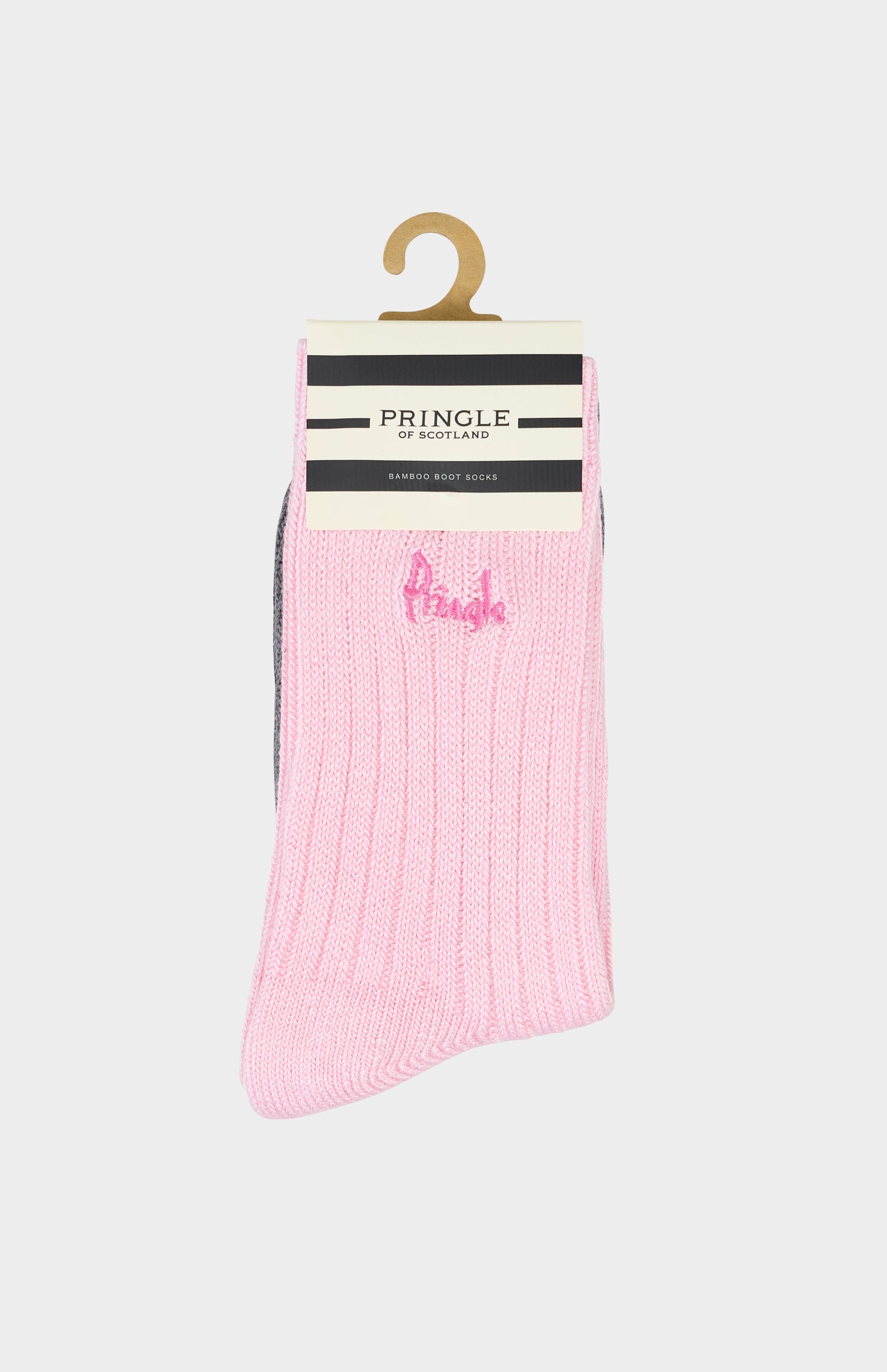 Pink sock with Pringle of Scotland branding on a white background