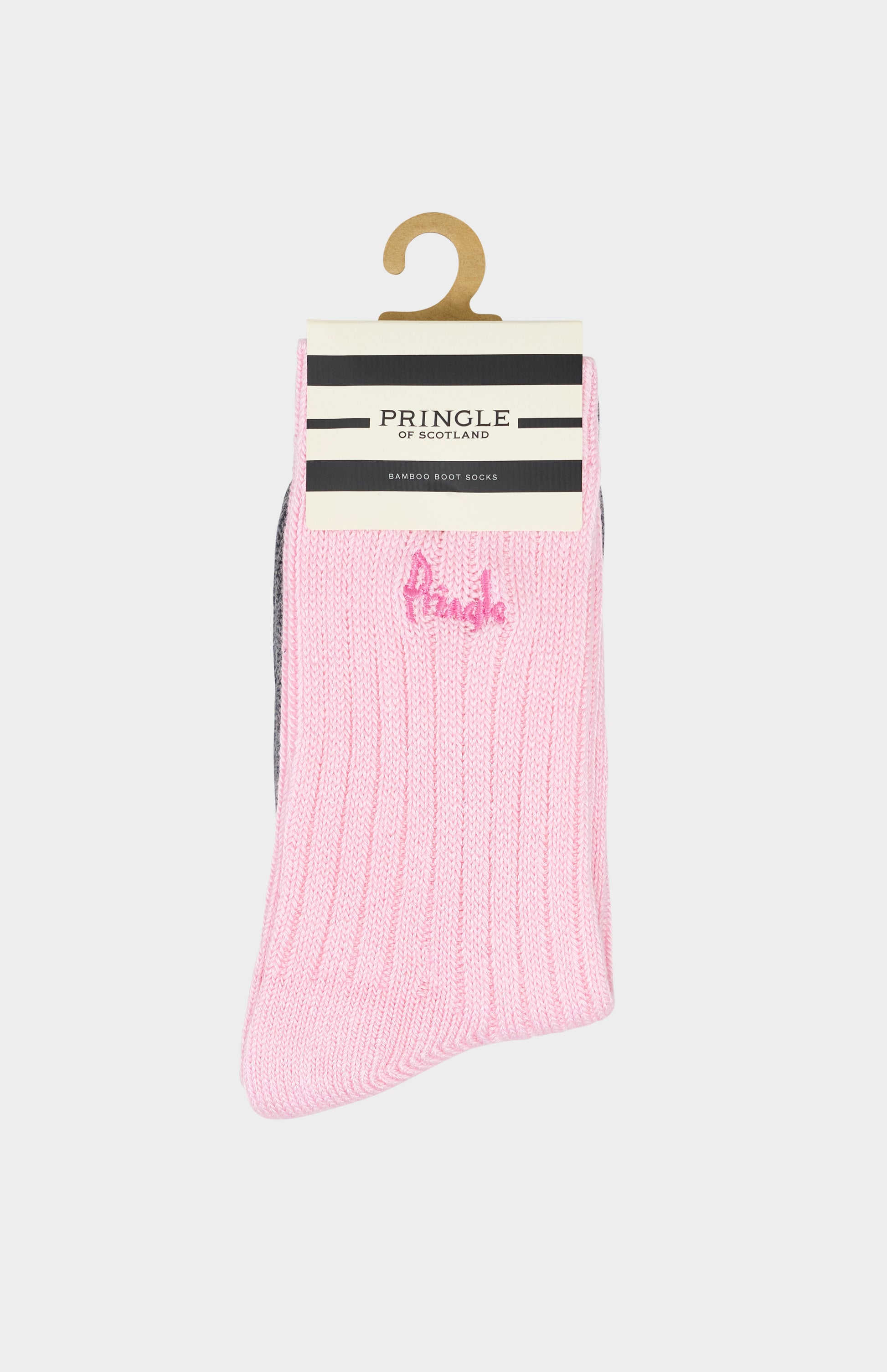 Pink sock with Pringle of Scotland branding on a white background