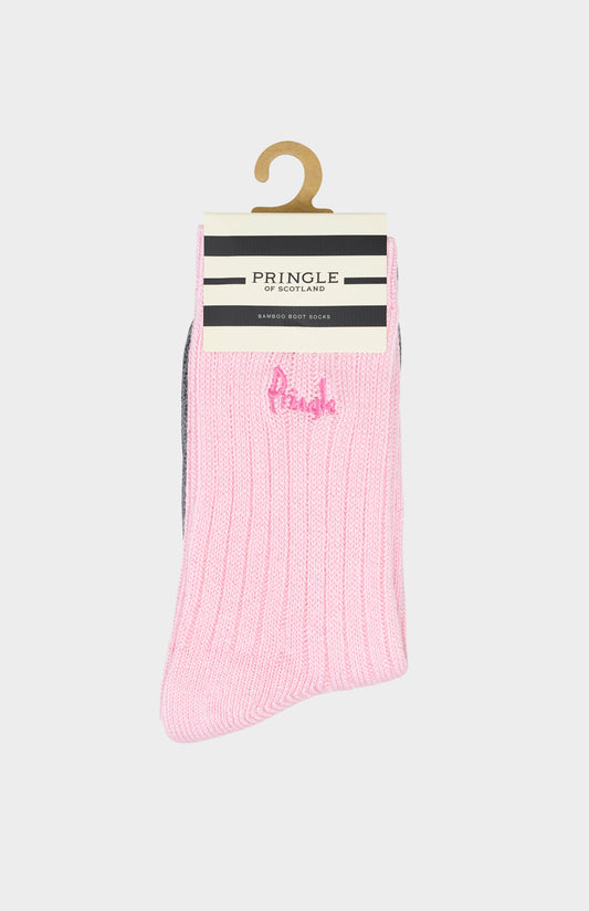 Pink sock with Pringle of Scotland branding on a white background