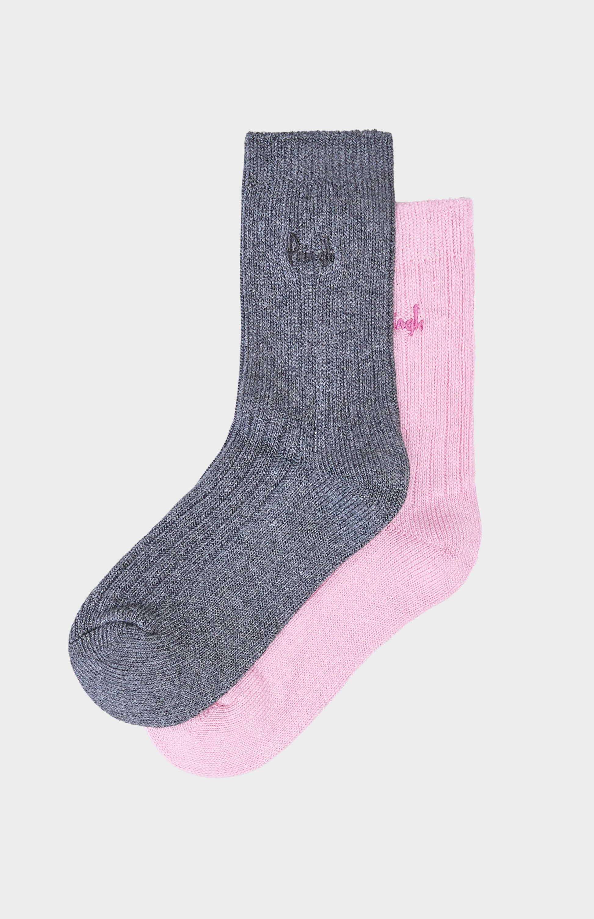 pink and grey socks with Pringle branding against a white background
