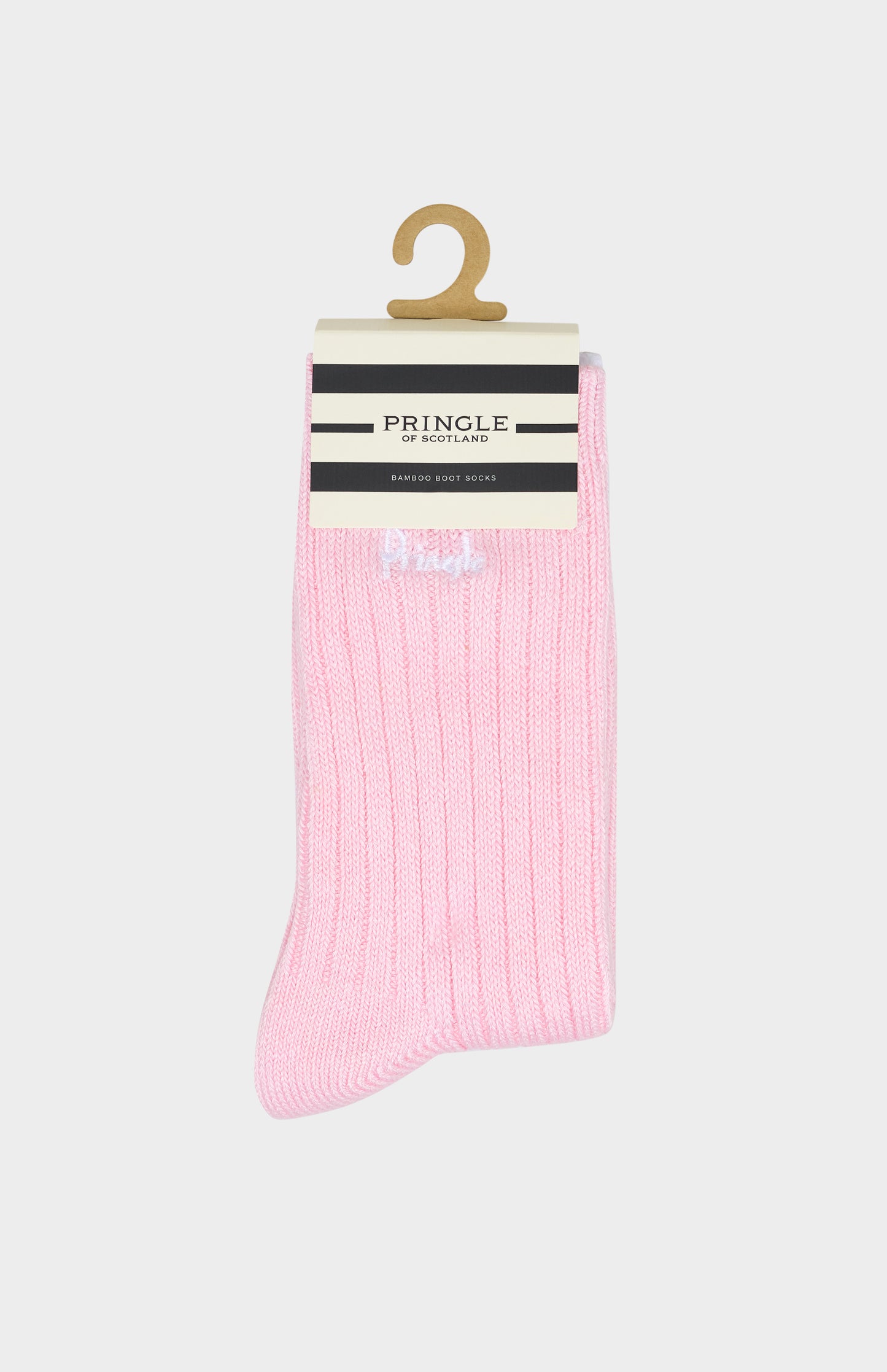 Pink sock on a hanger with Pringle branding on a white background