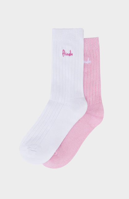 White and pink socks with Pringle branding against a white background