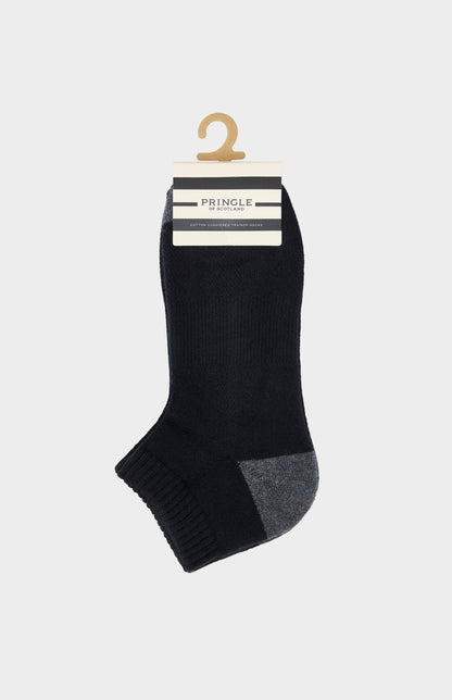 Black ankle sock with gray heel and toe on a Pringle hanger against a white background