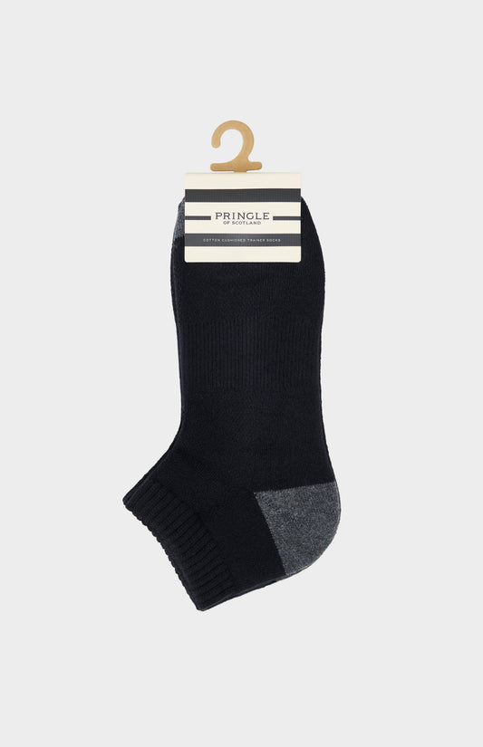 Black ankle sock with gray heel and toe on a Pringle hanger against a white background