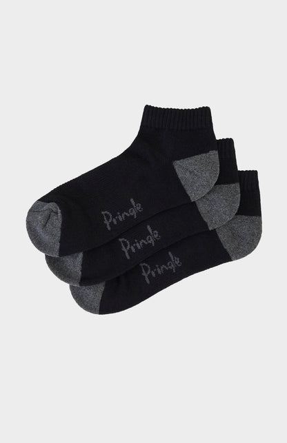 Three pairs of black socks with gray accents and 'Pringle' branding on a light gray background.
