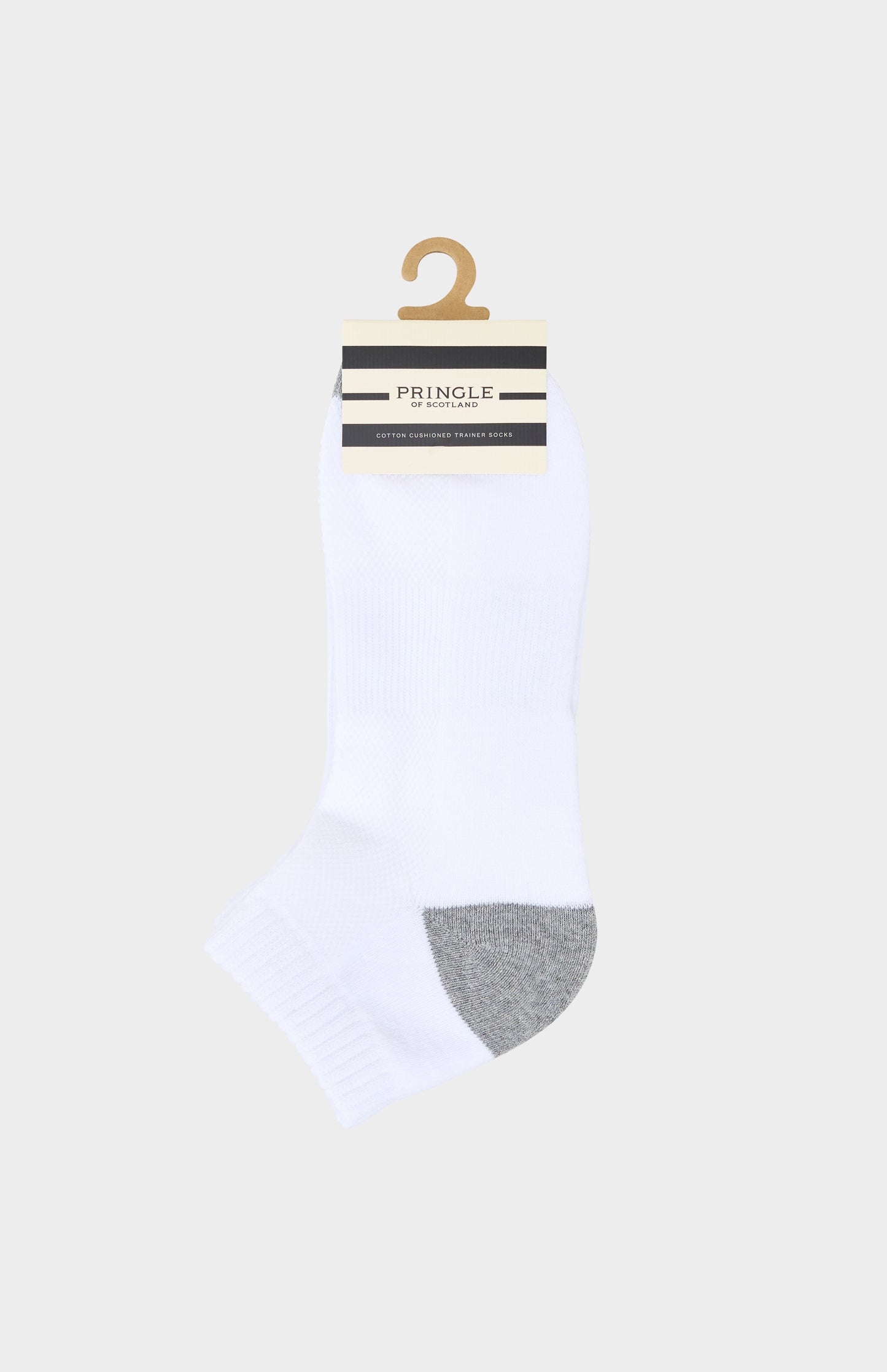 White sock with gray heel and toe on a white background, branded 'Pringle'.